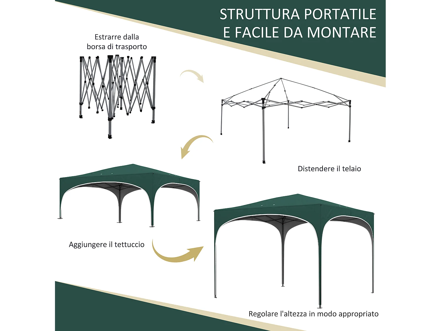 Gazebo da giardino ad altezza regolabile in metallo verde