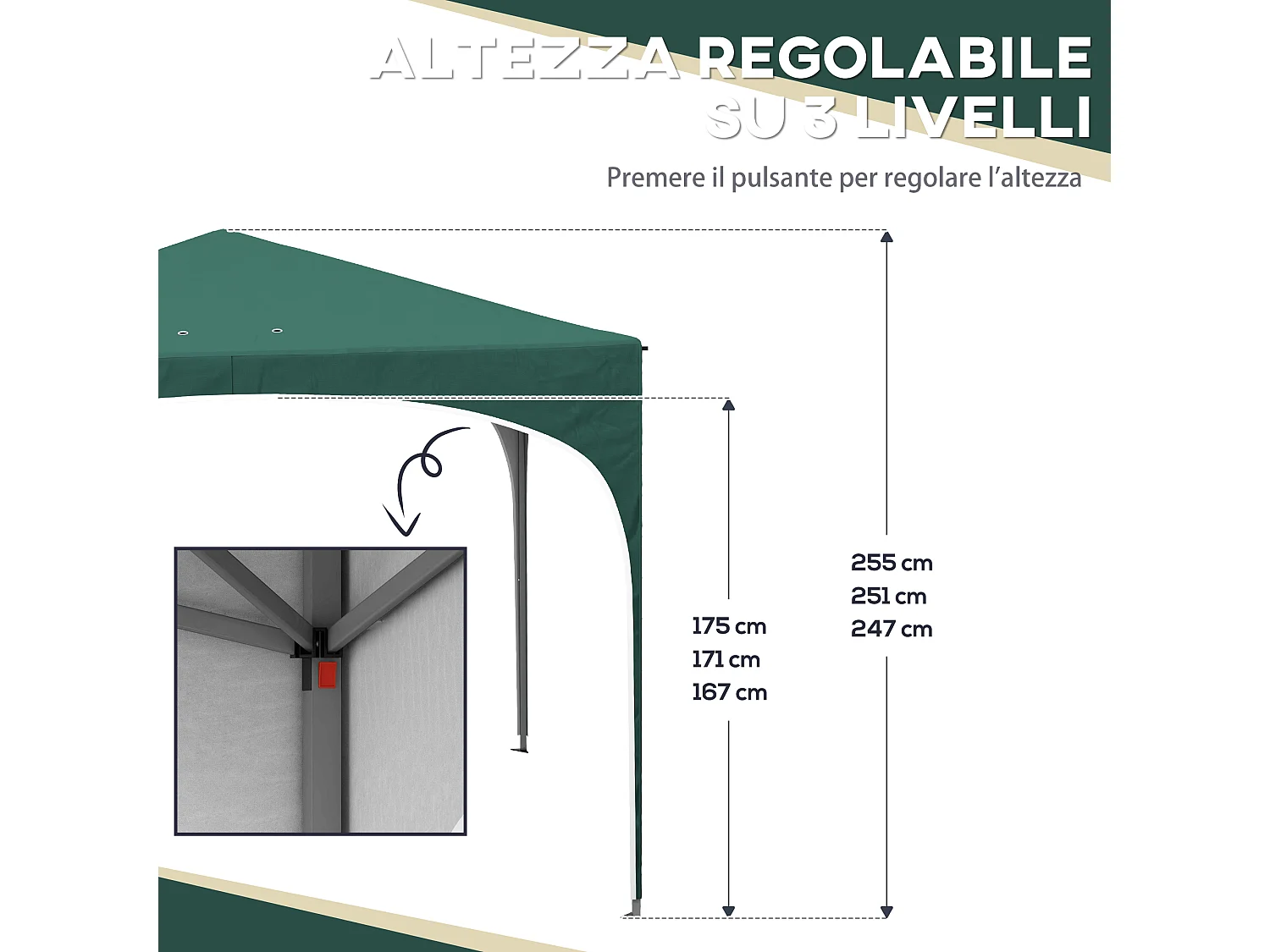 Gazebo da giardino ad altezza regolabile in metallo verde