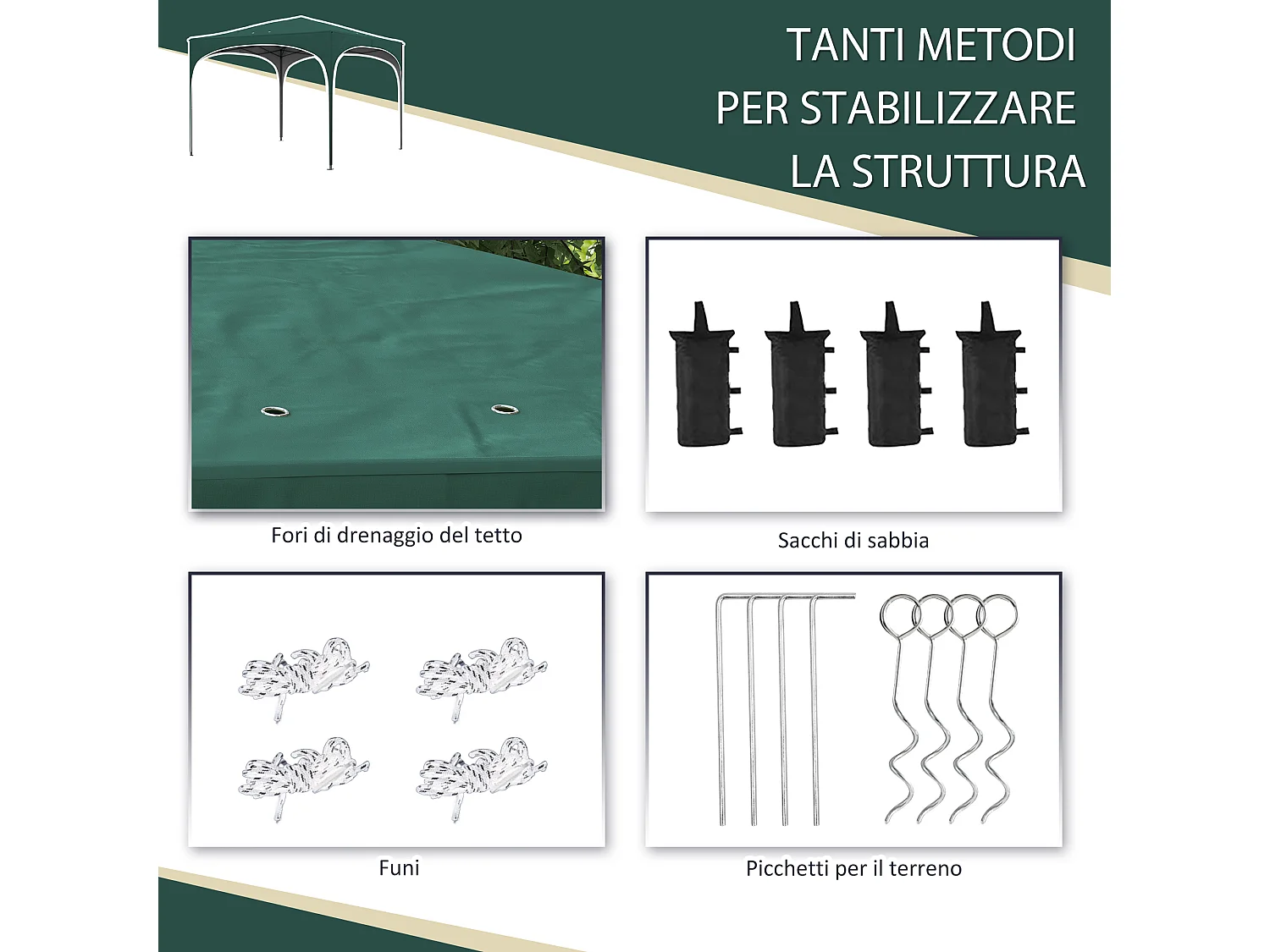 Gazebo da giardino ad altezza regolabile in metallo verde