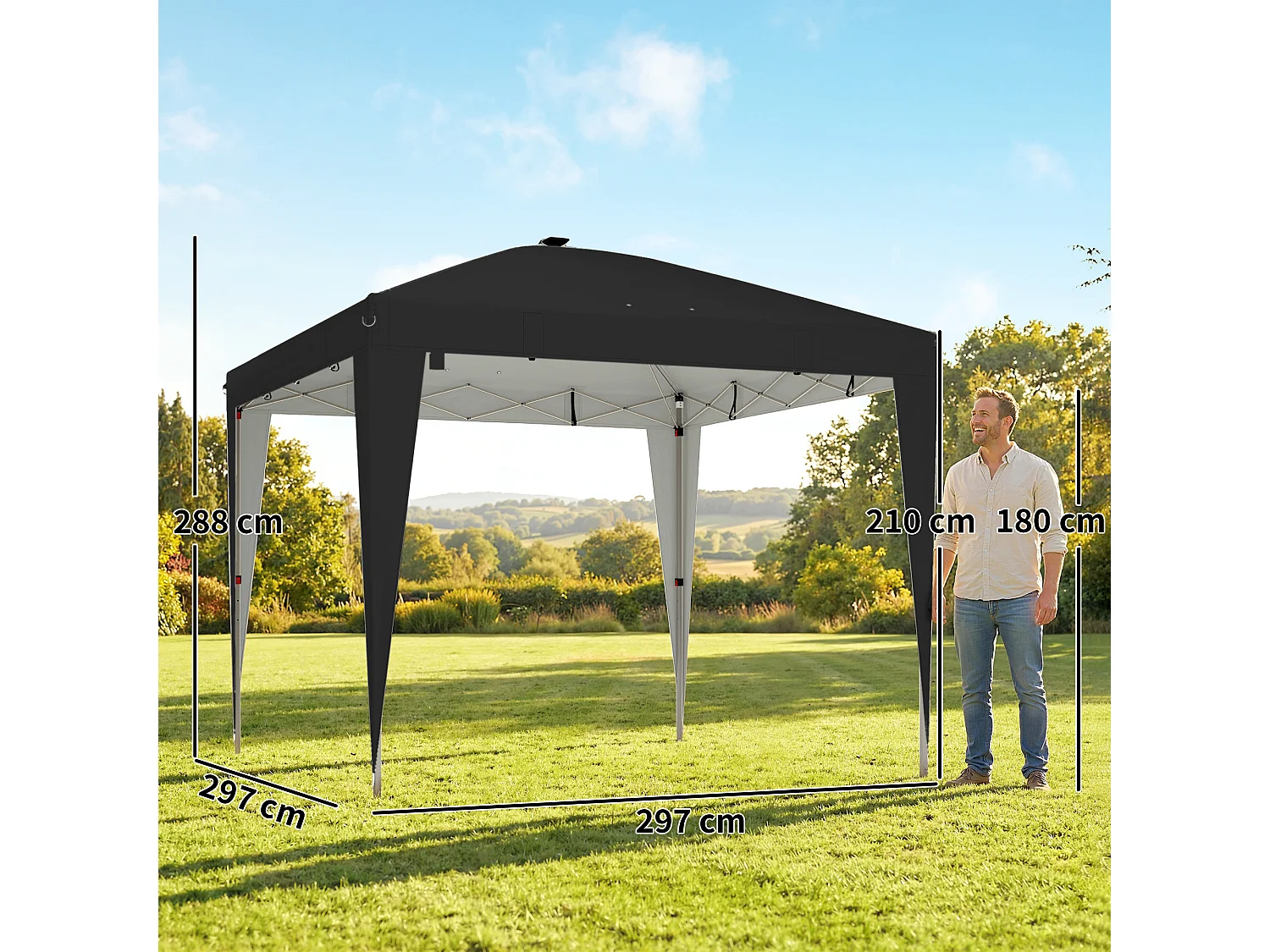 Gazebo 3x3 m pieghevole con luce e telecomando nero