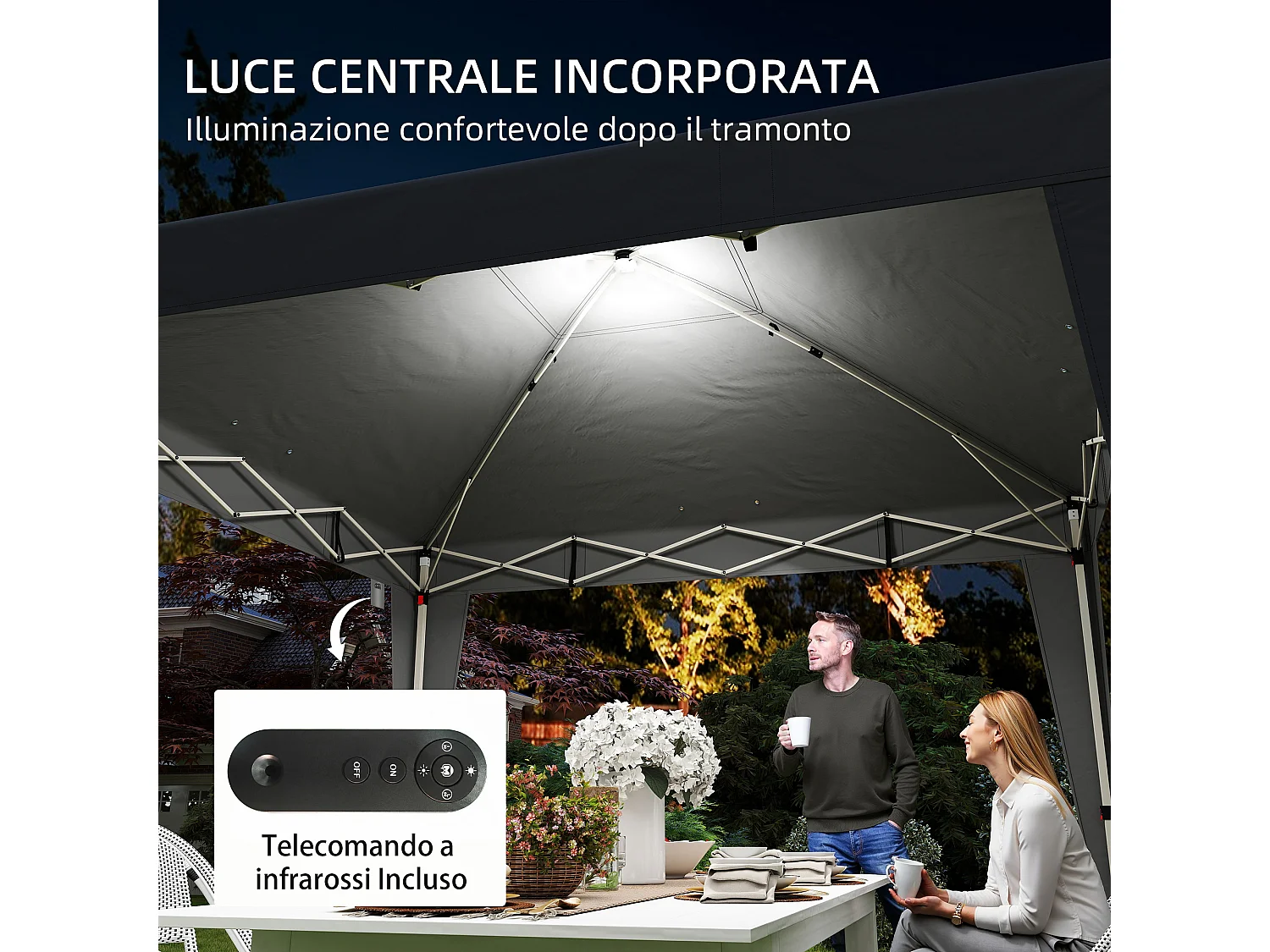 Gazebo 3x3 m pieghevole con luce e telecomando nero