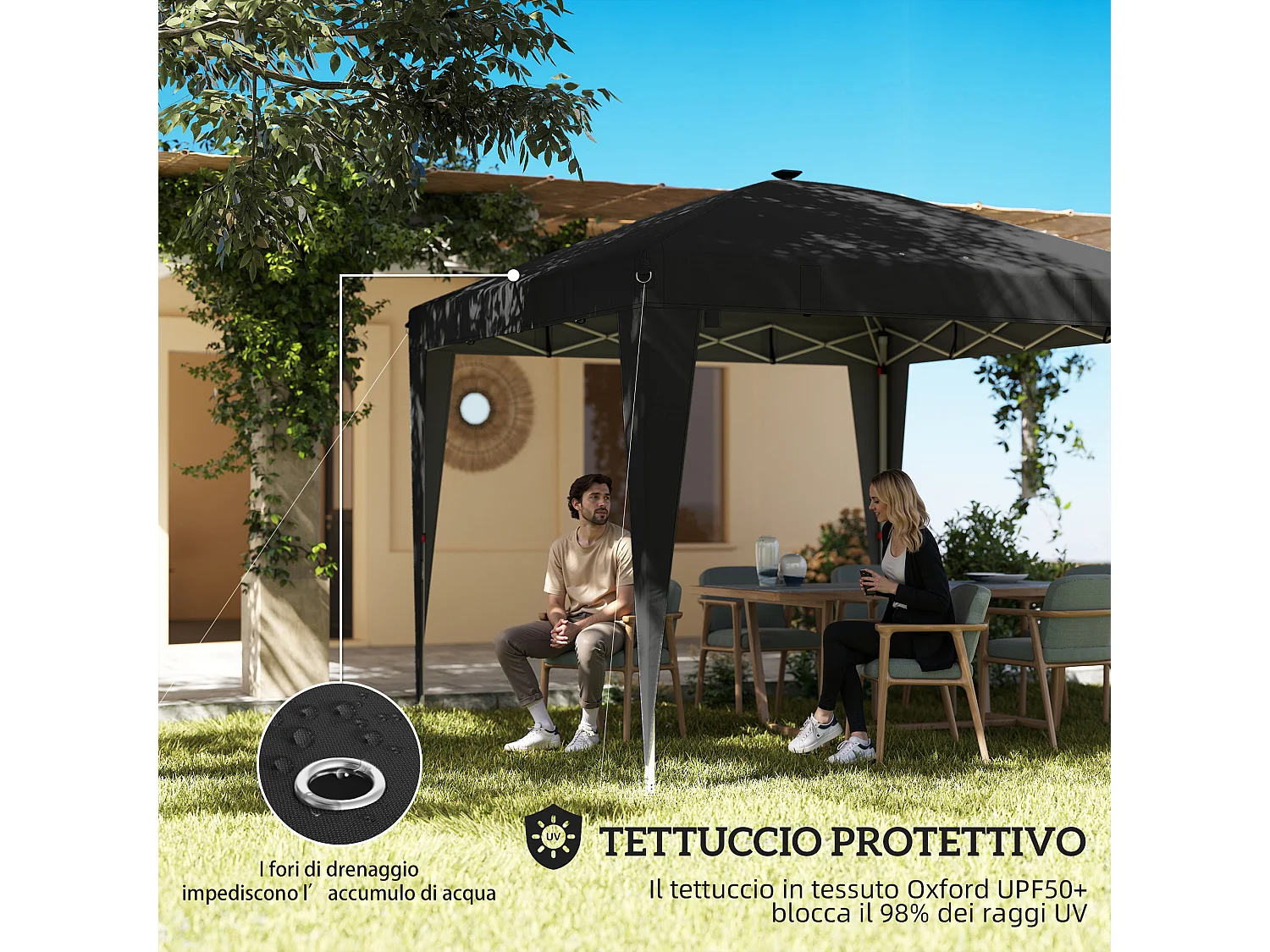 Gazebo 3x3 m pieghevole con luce e telecomando nero