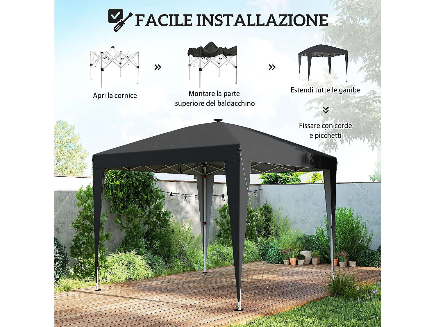 Gazebo 3x3 m pieghevole con luce e telecomando nero