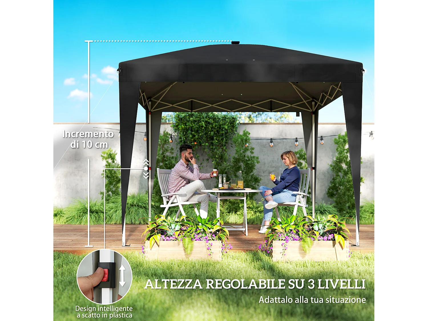 Gazebo 3x3 m pieghevole con luce e telecomando nero