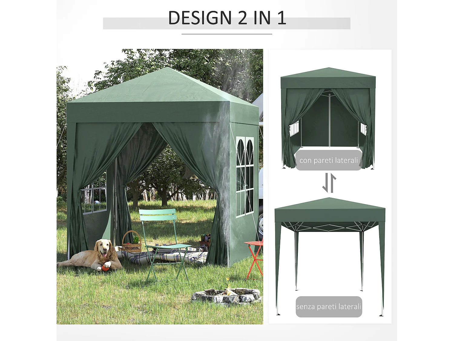 Gazebo da giardino 2x2 m in metallo e tessuto oxford verde