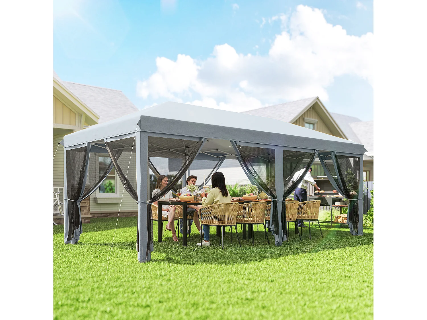 Gazebo da giardino pieghevole 6x3 m con 6 zanzariere rimovibili grigio