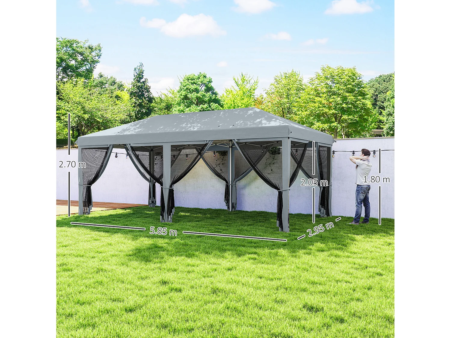 Gazebo da giardino pieghevole 6x3 m con 6 zanzariere rimovibili grigio