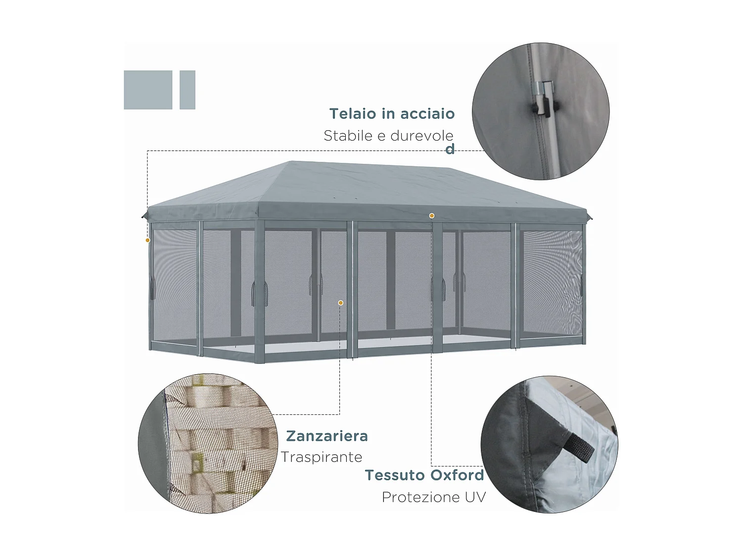 Gazebo da giardino pieghevole 6x3 m con 6 zanzariere rimovibili grigio