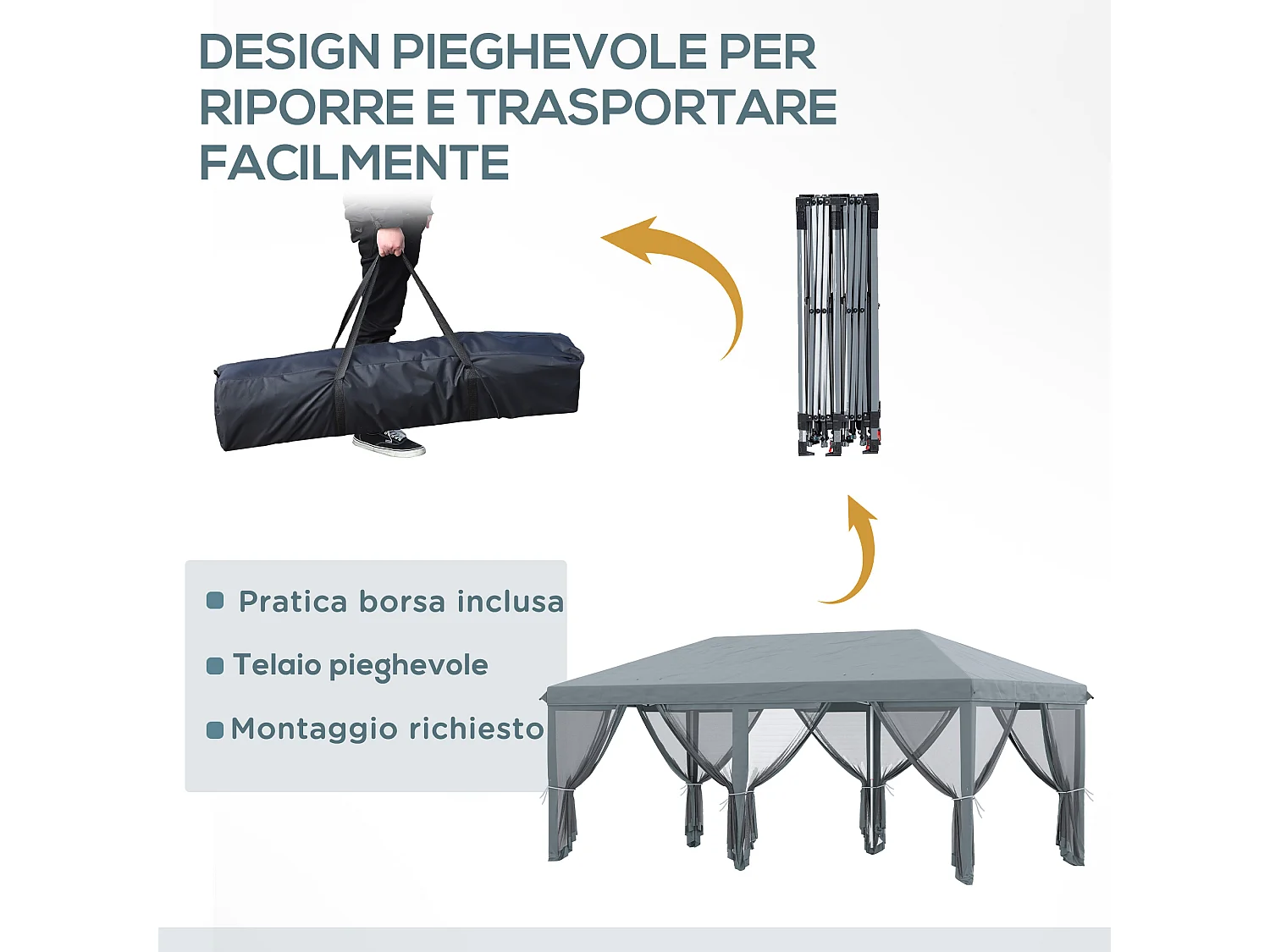 Gazebo da giardino pieghevole 6x3 m con 6 zanzariere rimovibili grigio