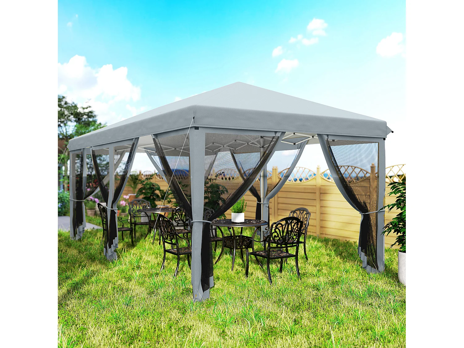 Gazebo da giardino pieghevole 6x3 m con 6 zanzariere rimovibili grigio