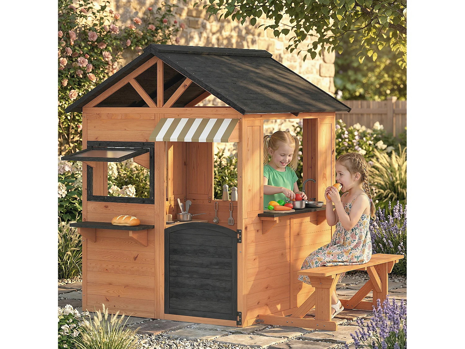 Casetta da giardino per bambini in legno di abete con tetto marrone