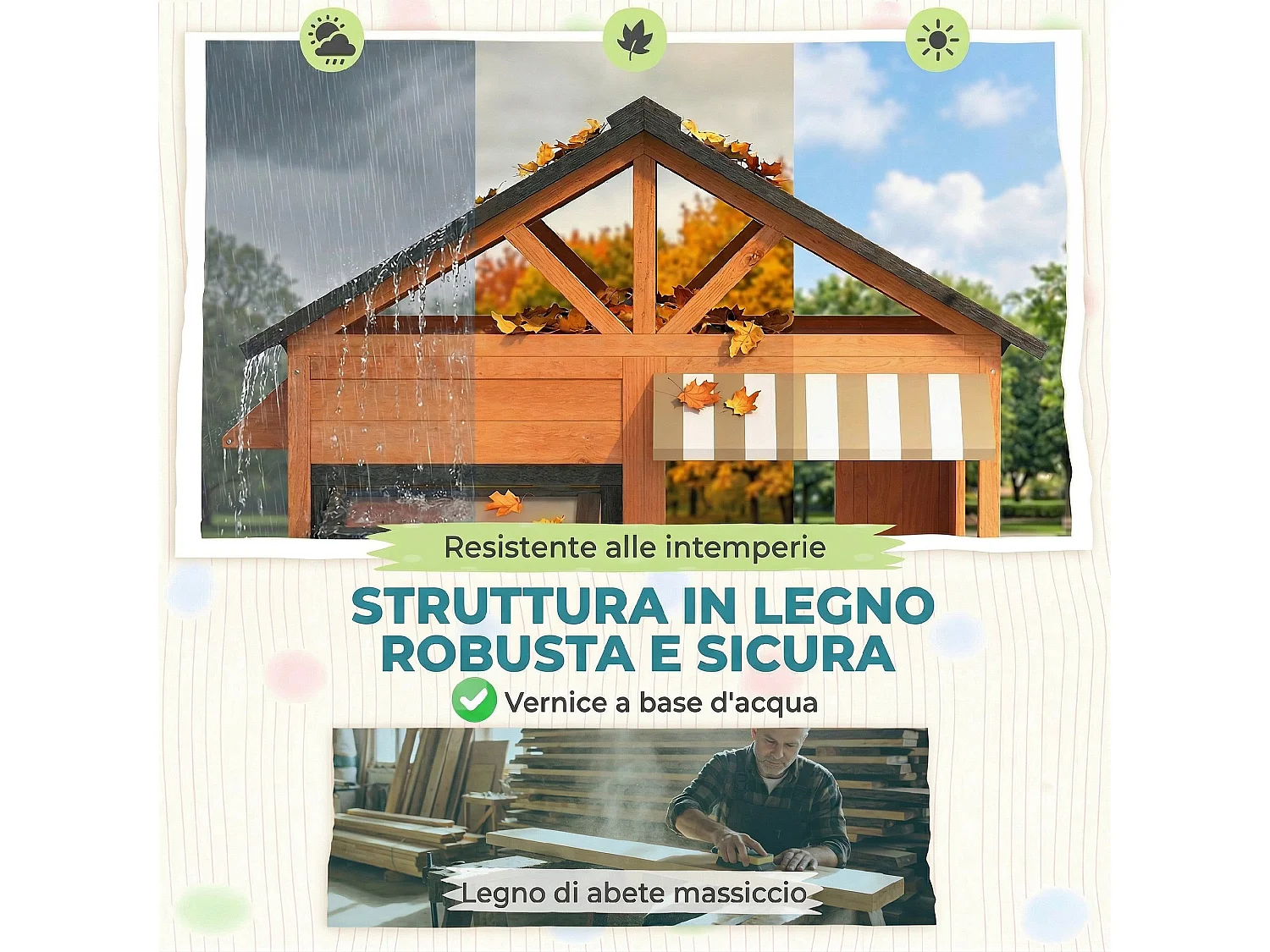 Casetta da giardino per bambini in legno di abete con tetto marrone