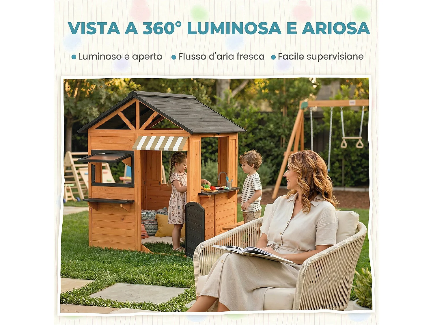 Casetta da giardino per bambini in legno di abete con tetto marrone