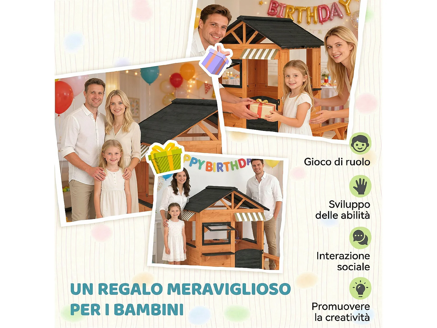 Casetta da giardino per bambini in legno di abete con tetto marrone