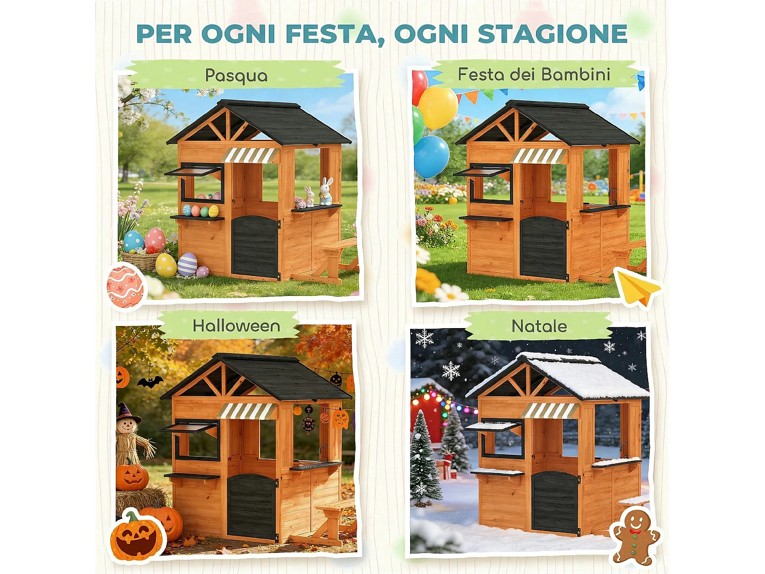 Casetta da giardino per bambini in legno di abete con tetto marrone
