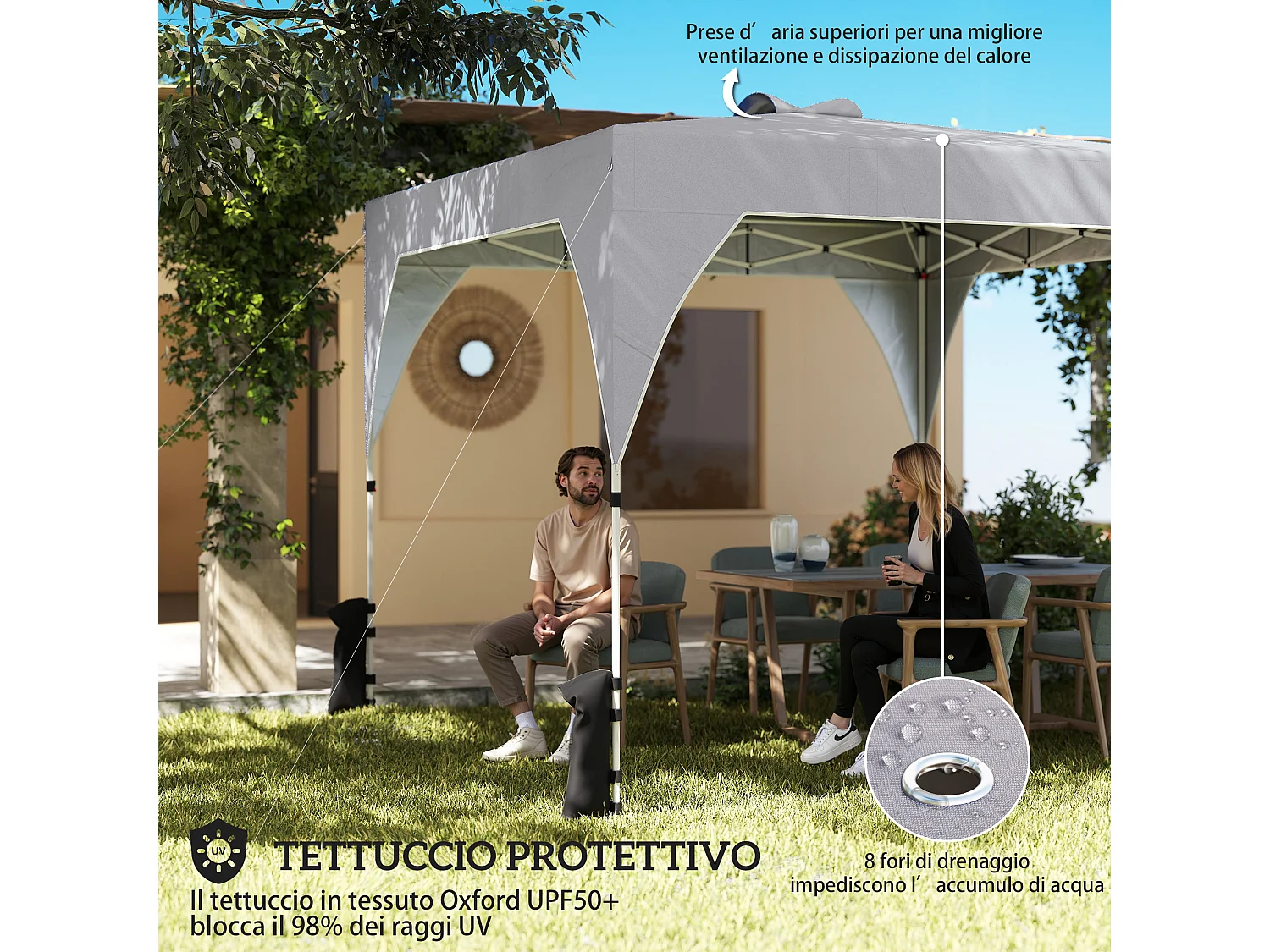 Gazebo pieghevole 3x3 m con prese d'aria grigio scuro