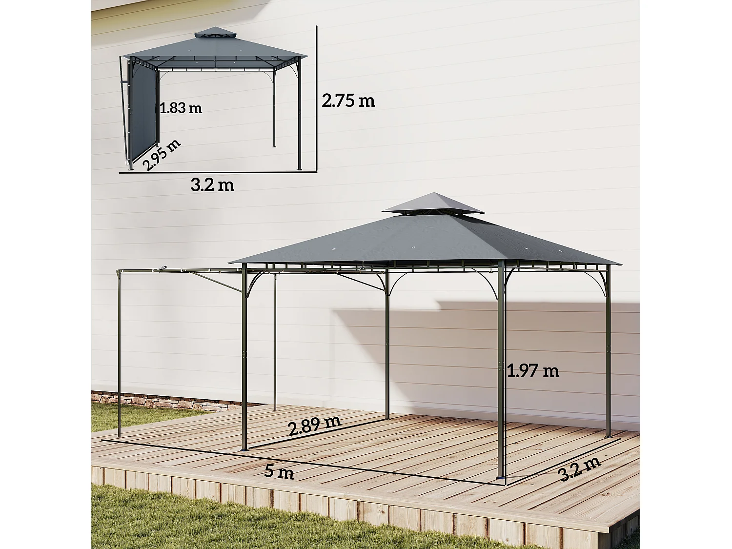 Gazebo da giardino con tetto estensibile in metallo grigio scuro