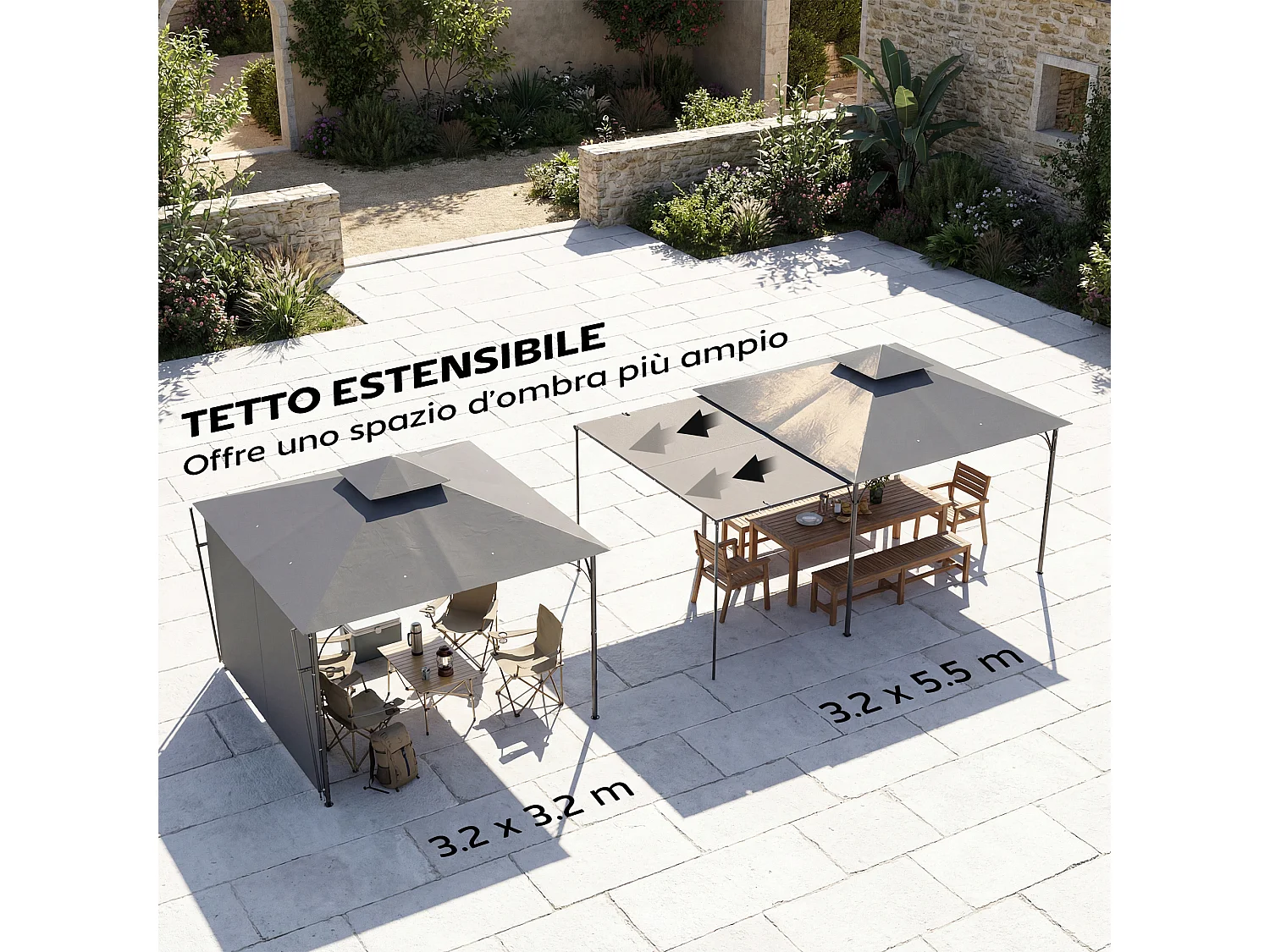 Gazebo da giardino con tetto estensibile in metallo grigio scuro