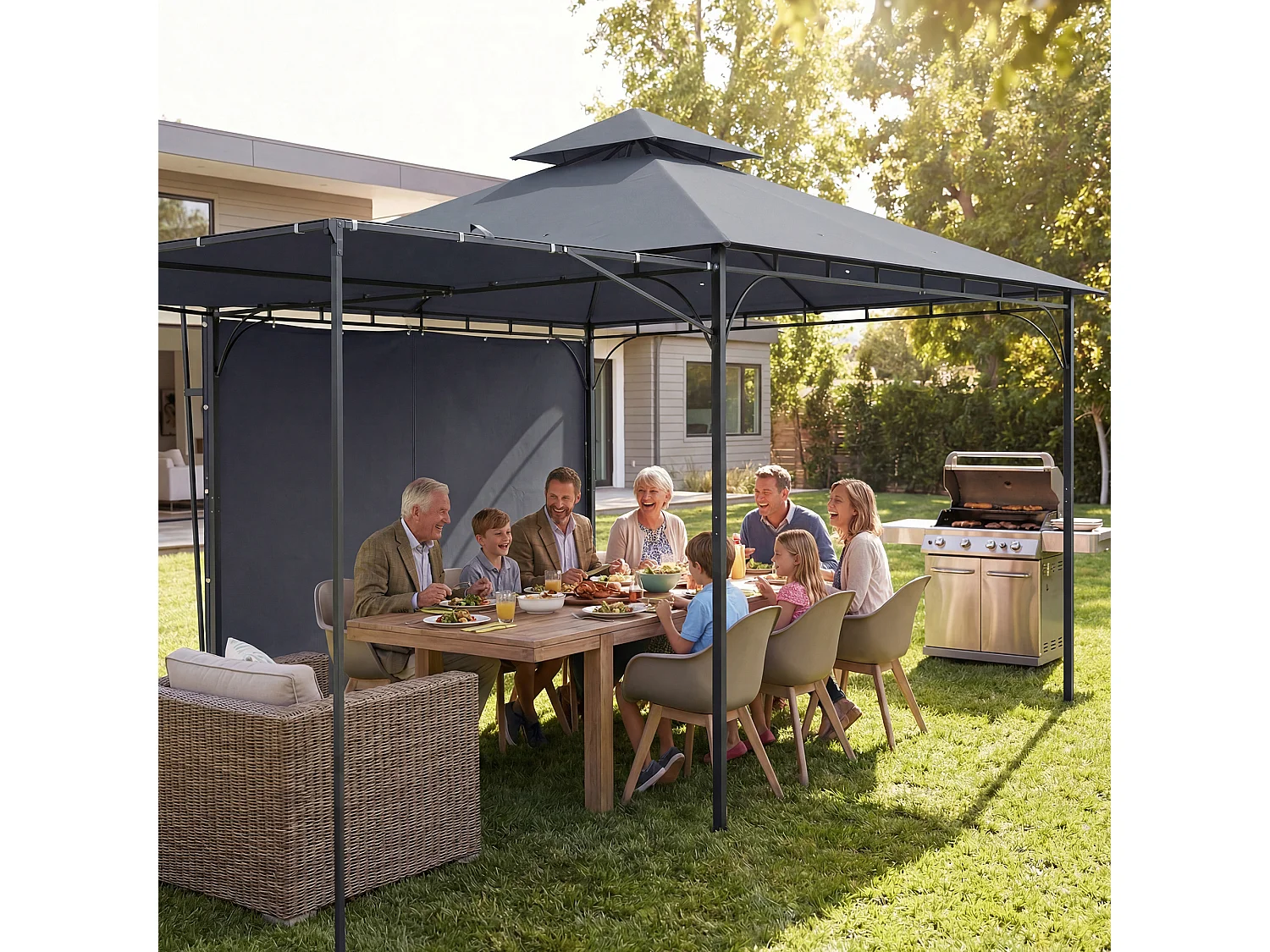 Gazebo da giardino con tetto estensibile in metallo grigio scuro
