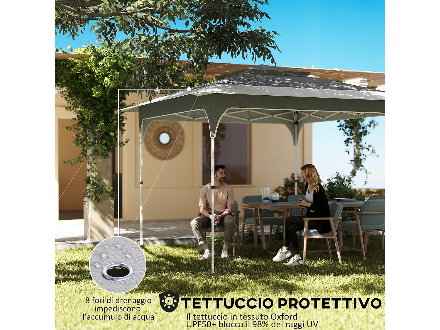 Gazebo pop up 3.5x3.5 m con doppio tetto grigio scuro