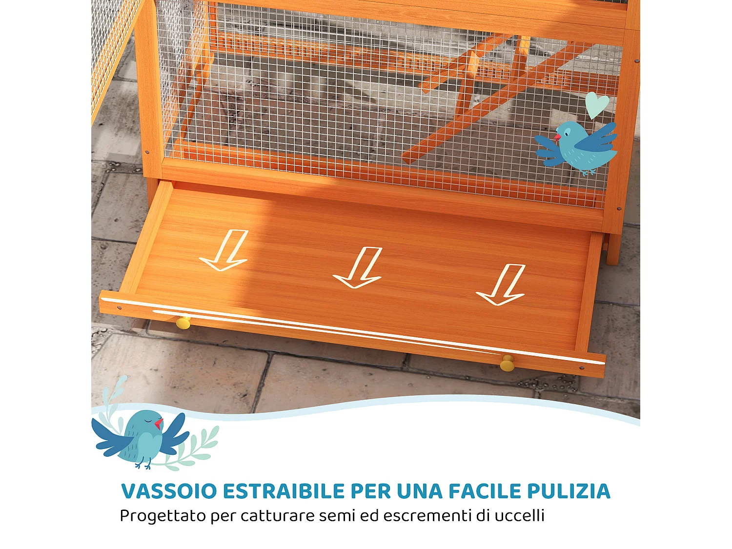 Voliera per uccellini a 3 porte in legno e metallo arancio e verde