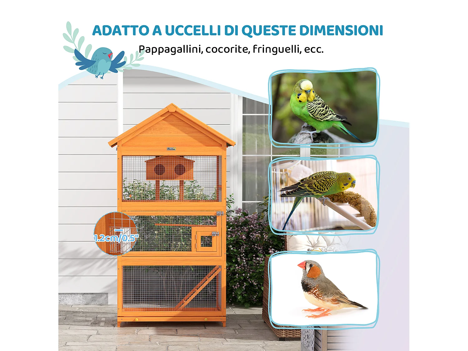Voliera per uccellini a 3 porte in legno e metallo arancio e verde
