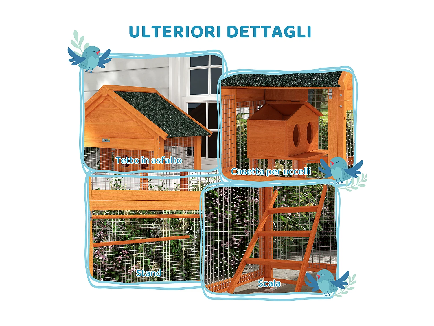 Voliera per uccellini a 3 porte in legno e metallo arancio e verde