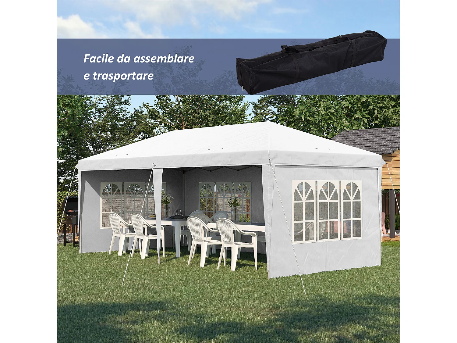 Gazebo da giardino con pareti removibili 5.9x3x2.7m bianco