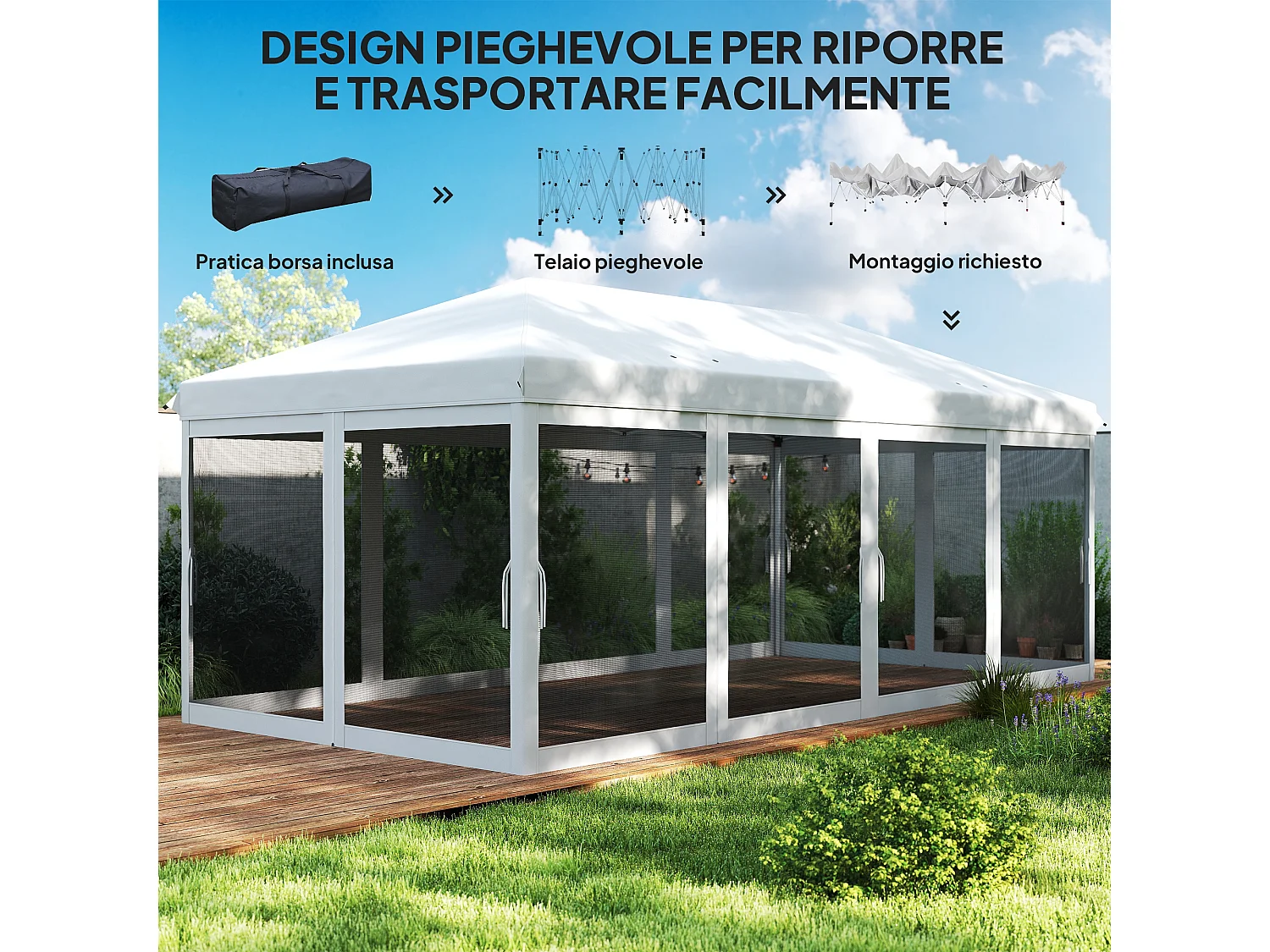 Gazebo 6x3 m pieghevole con zanzariera e struttura in acciaio