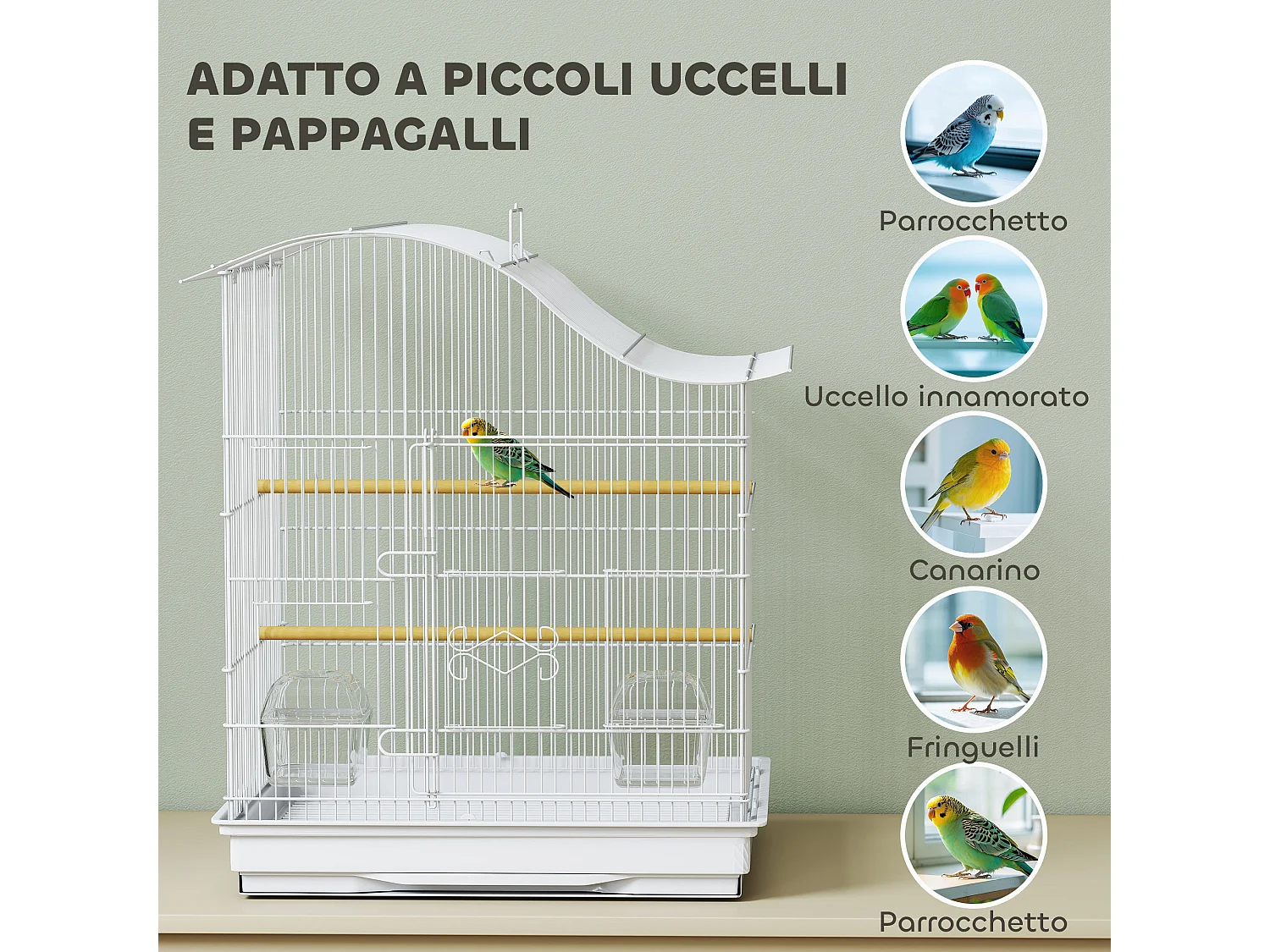 Gabbia per uccelli con 2 ciotole, posatoi e vassoio estraibile bianco