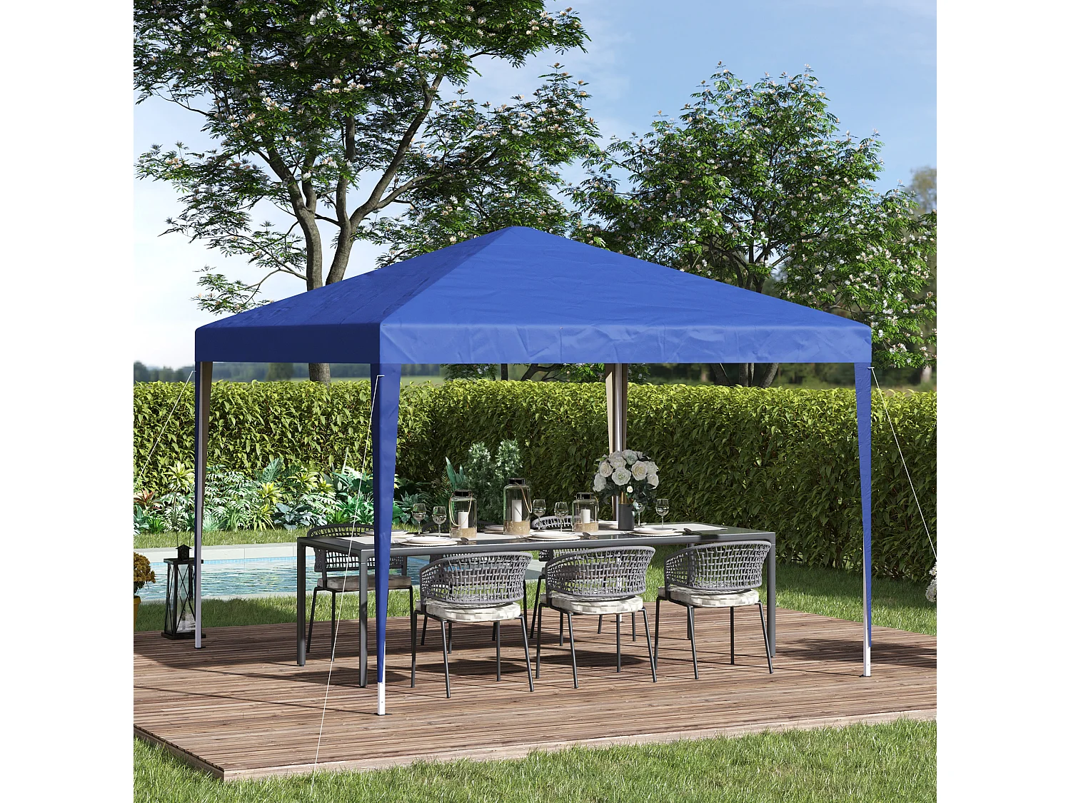 Gazebo 3x3 m in acciaio e tessuto oxford con funi e picchetti blu