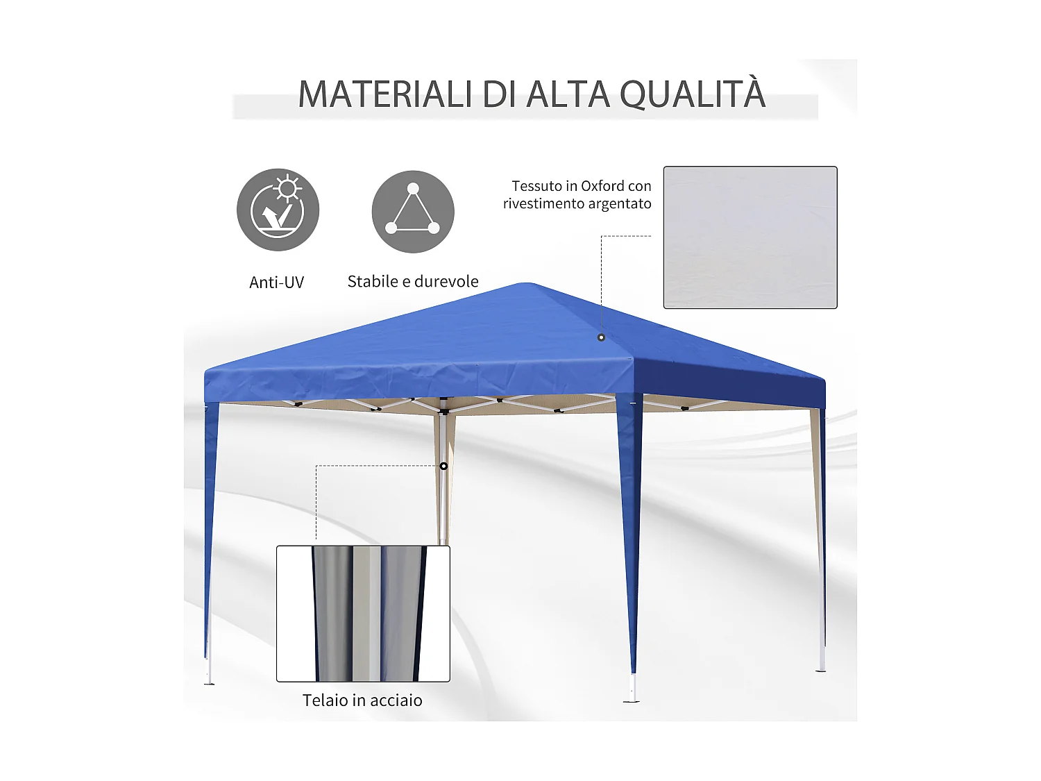 Gazebo 3x3 m in acciaio e tessuto oxford con funi e picchetti blu