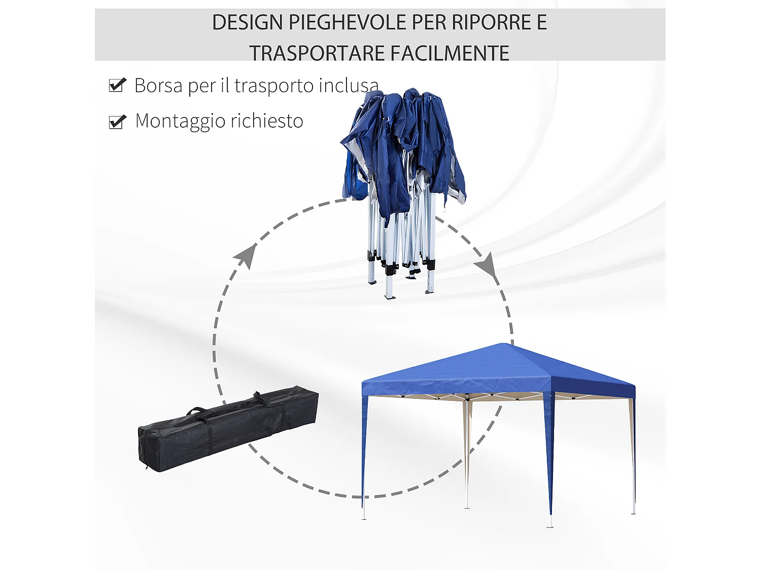 Gazebo 3x3 m in acciaio e tessuto oxford con funi e picchetti blu