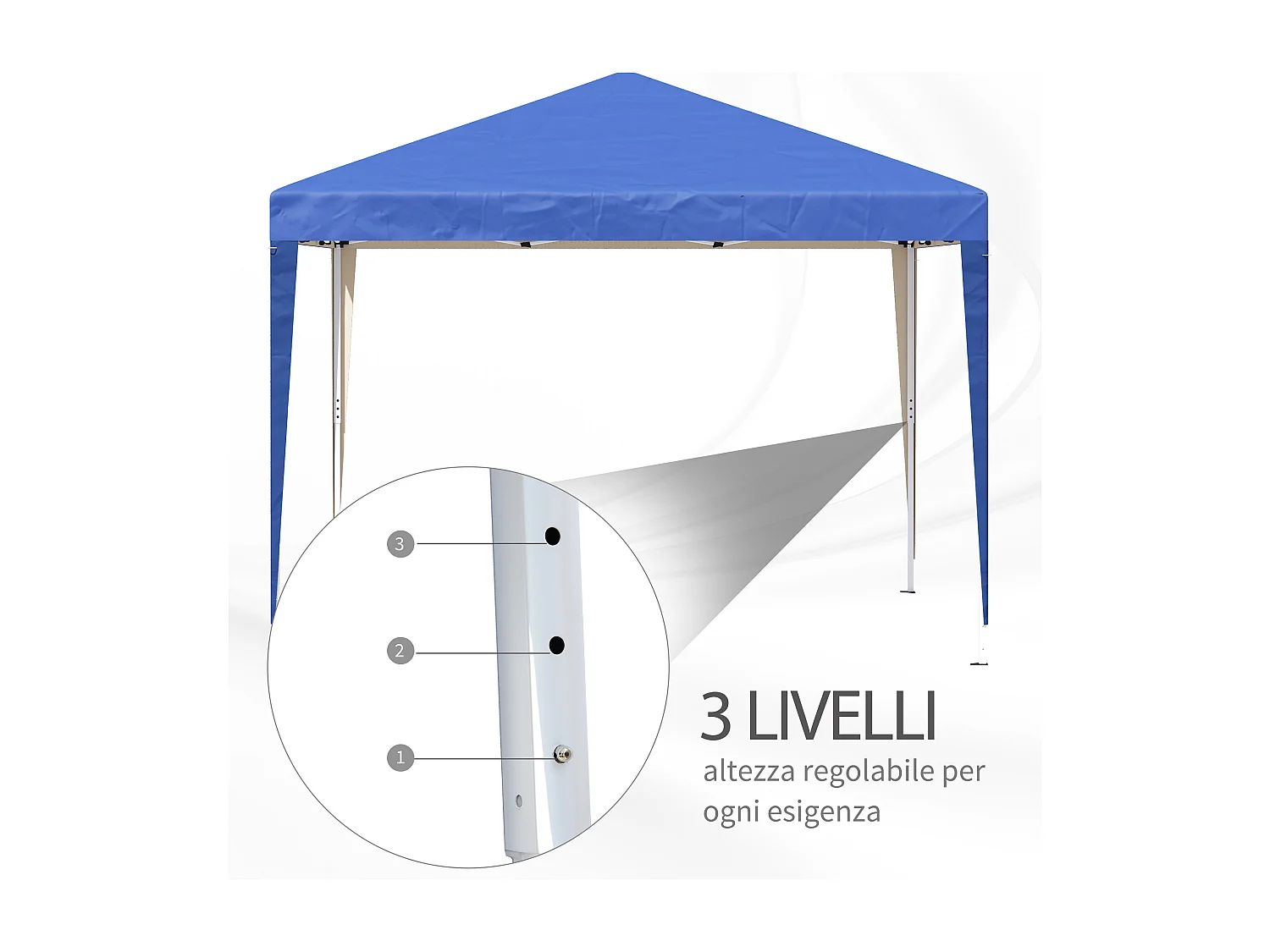 Gazebo 3x3 m in acciaio e tessuto oxford con funi e picchetti blu