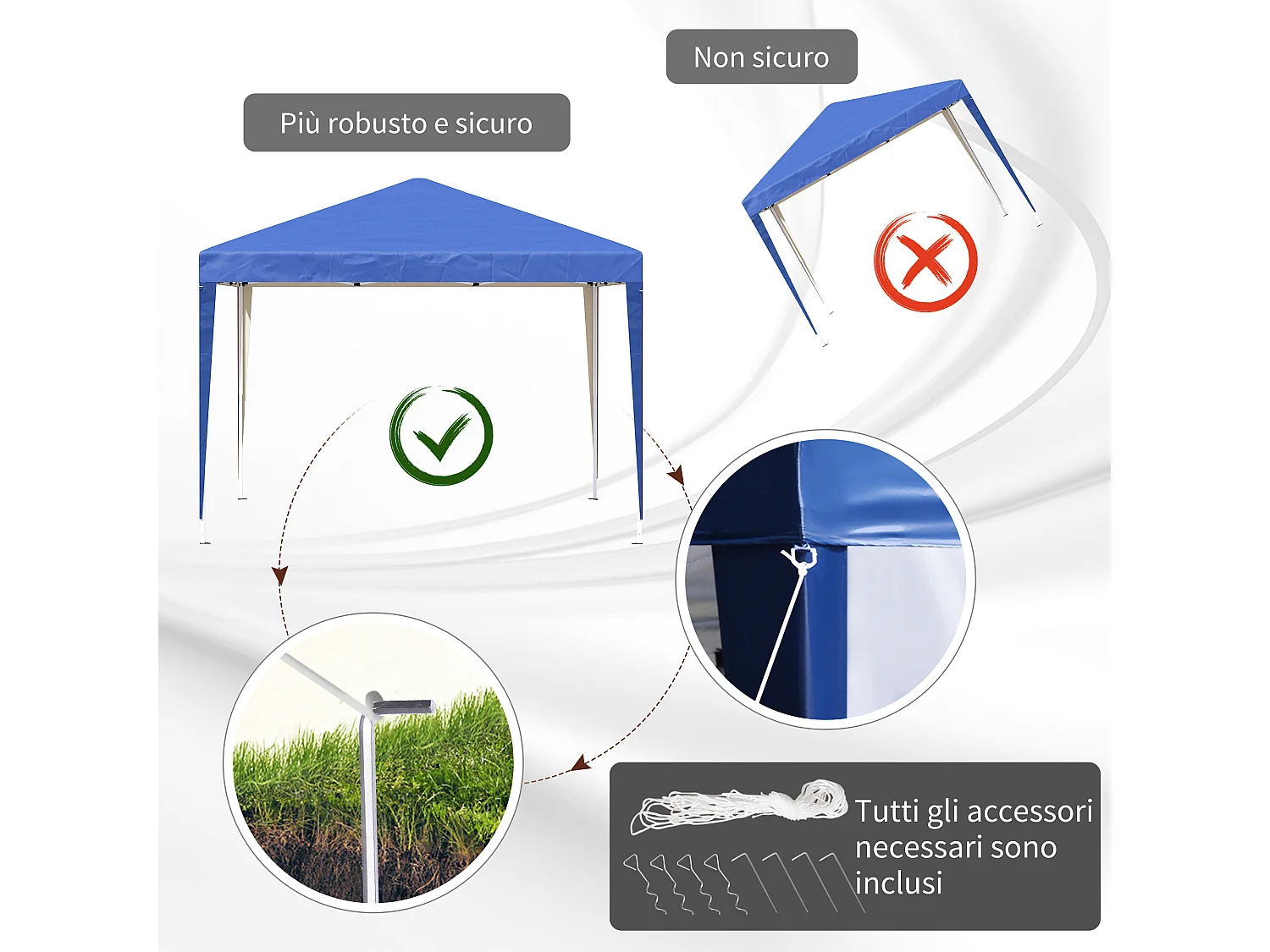Gazebo 3x3 m in acciaio e tessuto oxford con funi e picchetti blu