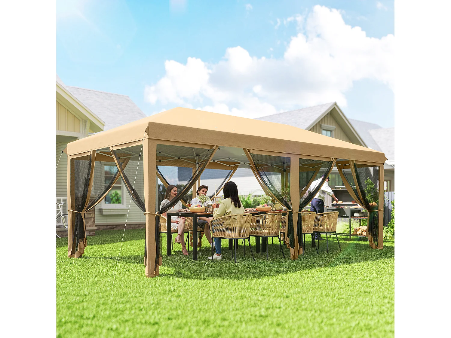 Gazebo pieghevole 6x3 m con zanzariera e altezza regolabile beige