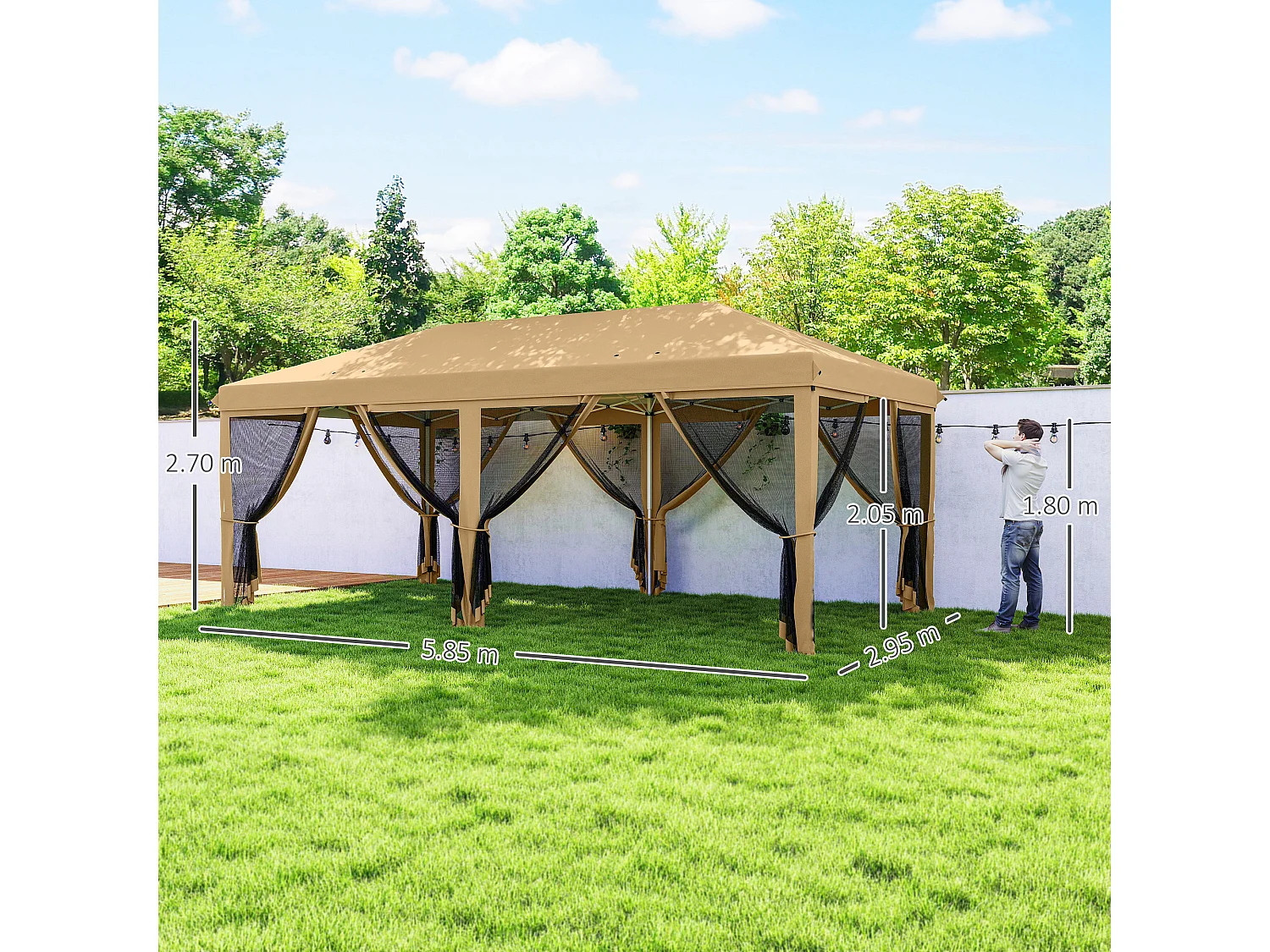 Gazebo pieghevole 6x3 m con zanzariera e altezza regolabile beige