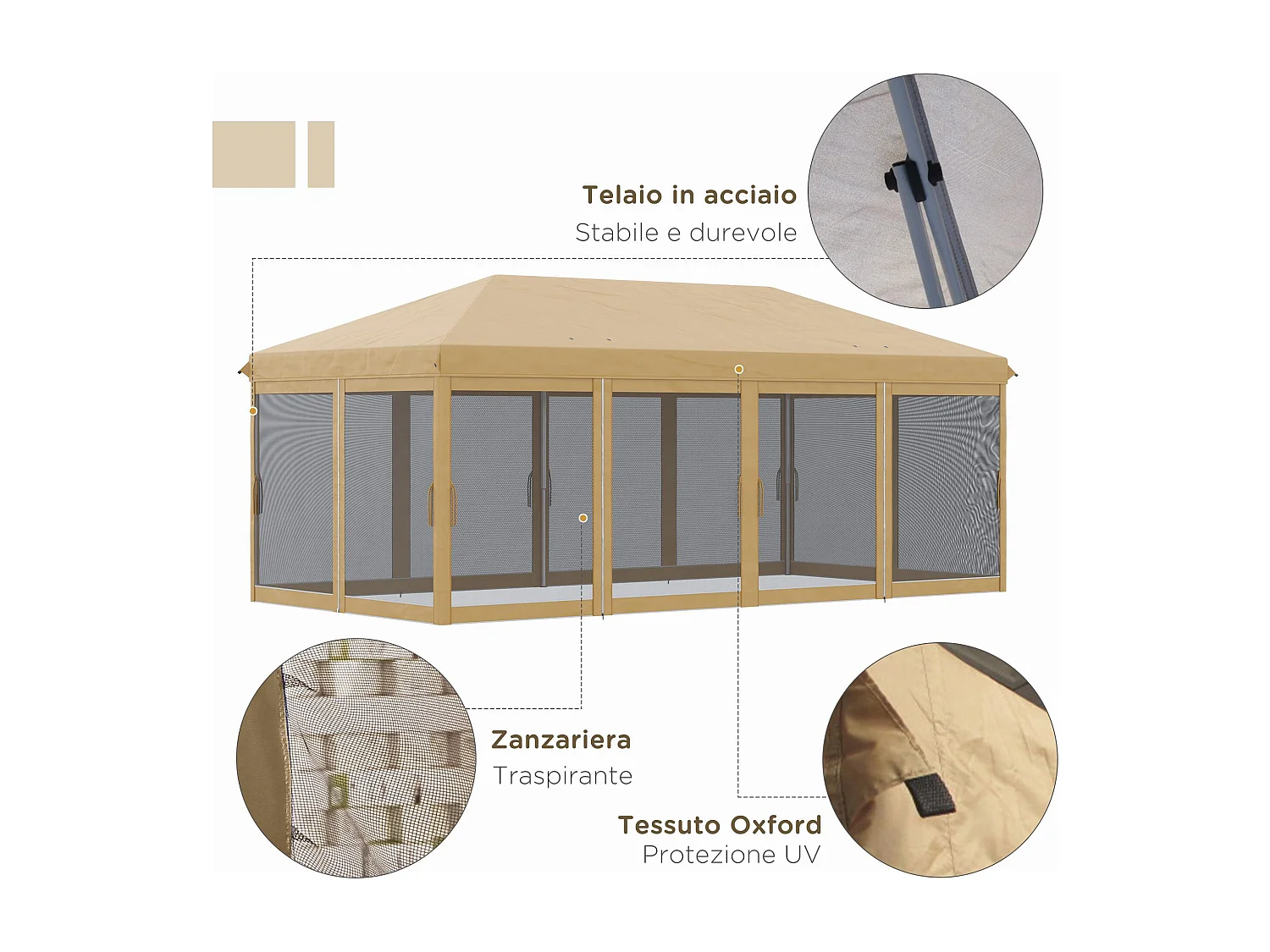 Gazebo pieghevole 6x3 m con zanzariera e altezza regolabile beige