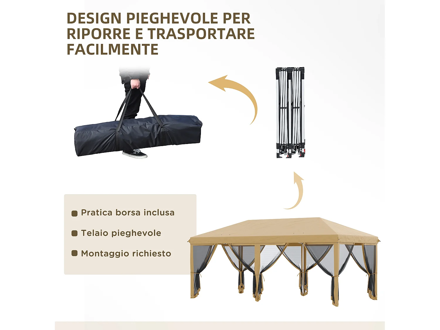 Gazebo pieghevole 6x3 m con zanzariera e altezza regolabile beige