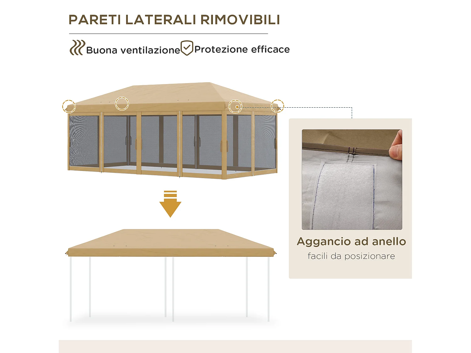 Gazebo pieghevole 6x3 m con zanzariera e altezza regolabile beige