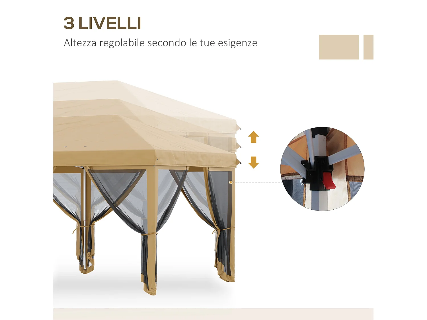 Gazebo pieghevole 6x3 m con zanzariera e altezza regolabile beige