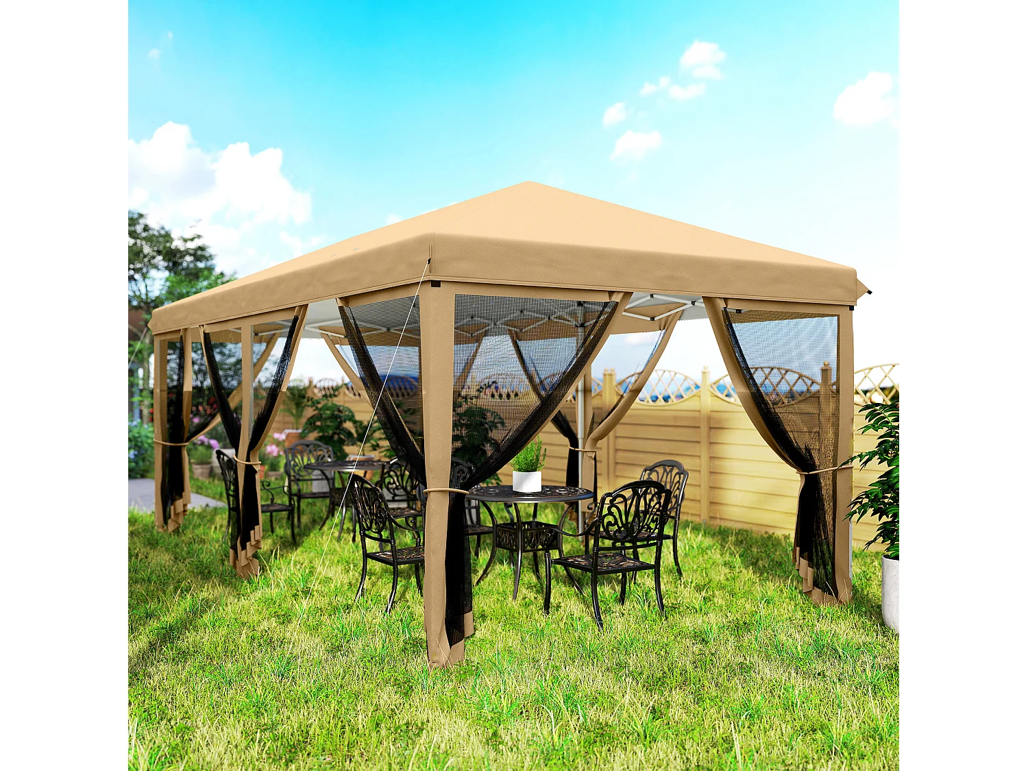 Gazebo pieghevole 6x3 m con zanzariera e altezza regolabile beige