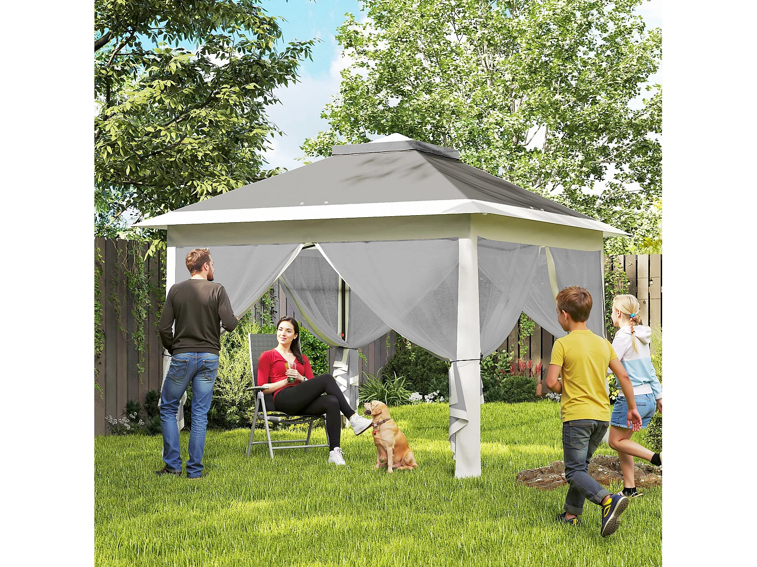 Gazebo da esterno regolabile in altezza con zanzariere grigio scuro
