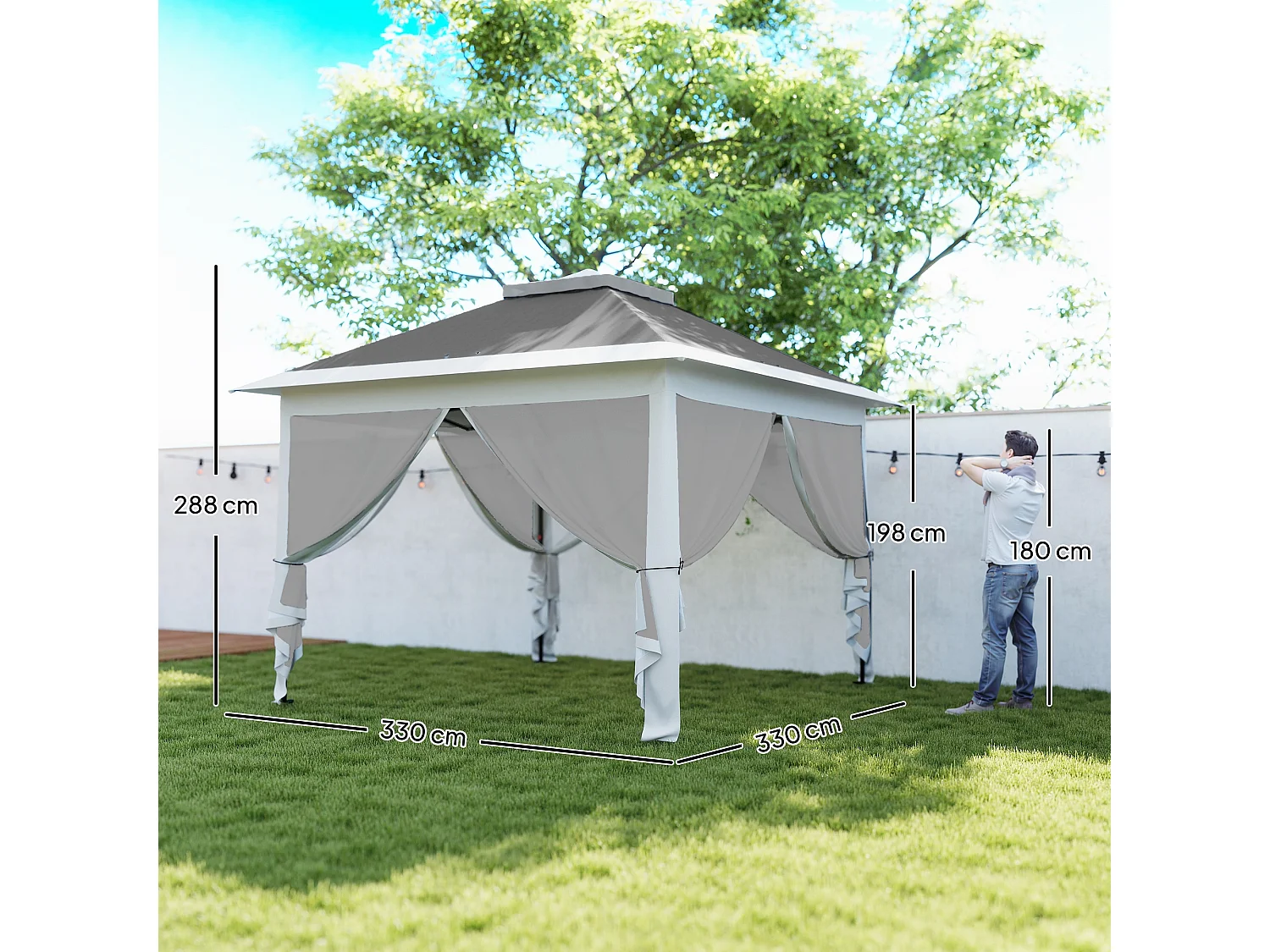 Gazebo da esterno regolabile in altezza con zanzariere grigio scuro