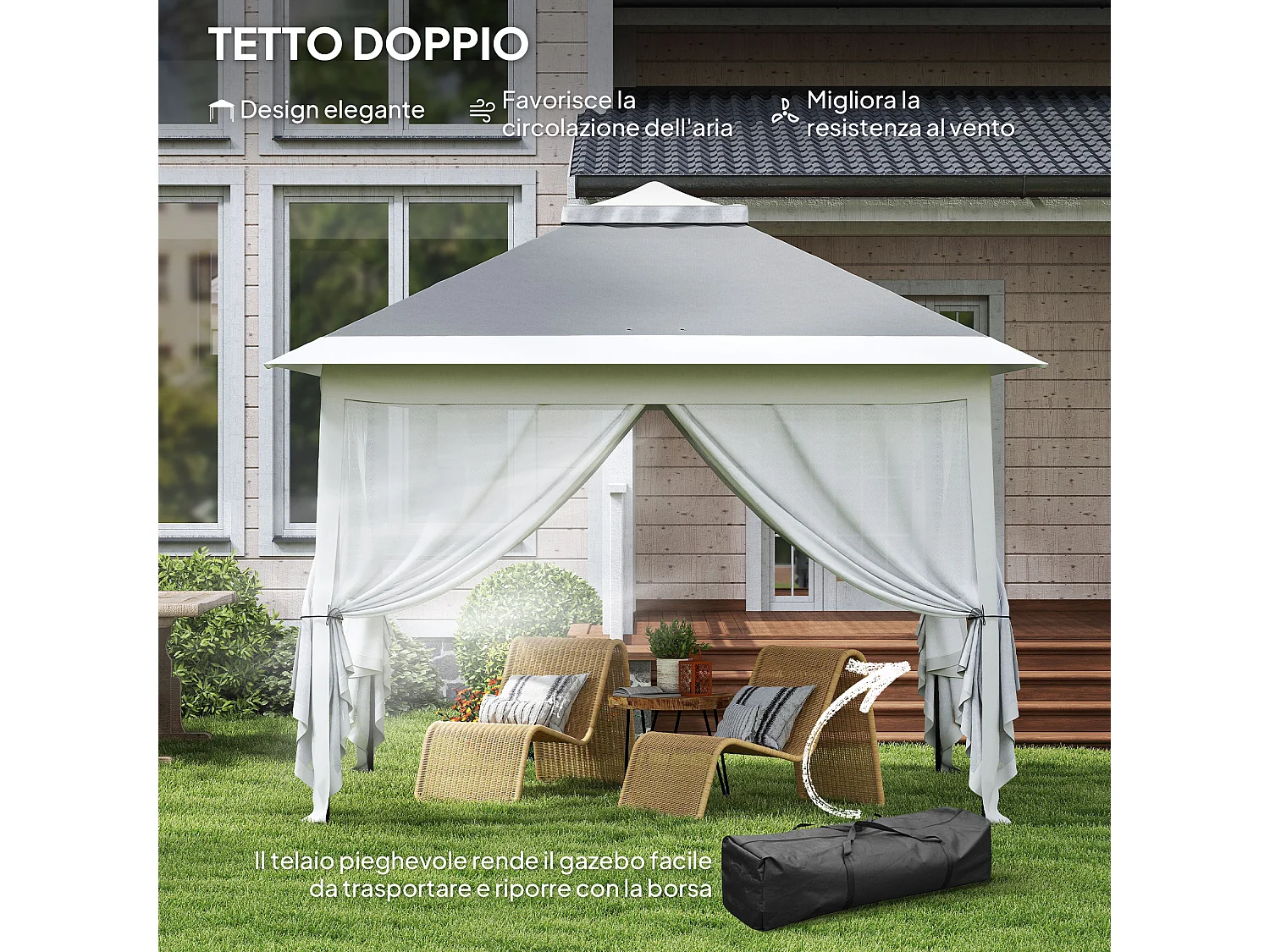 Gazebo da esterno regolabile in altezza con zanzariere grigio scuro