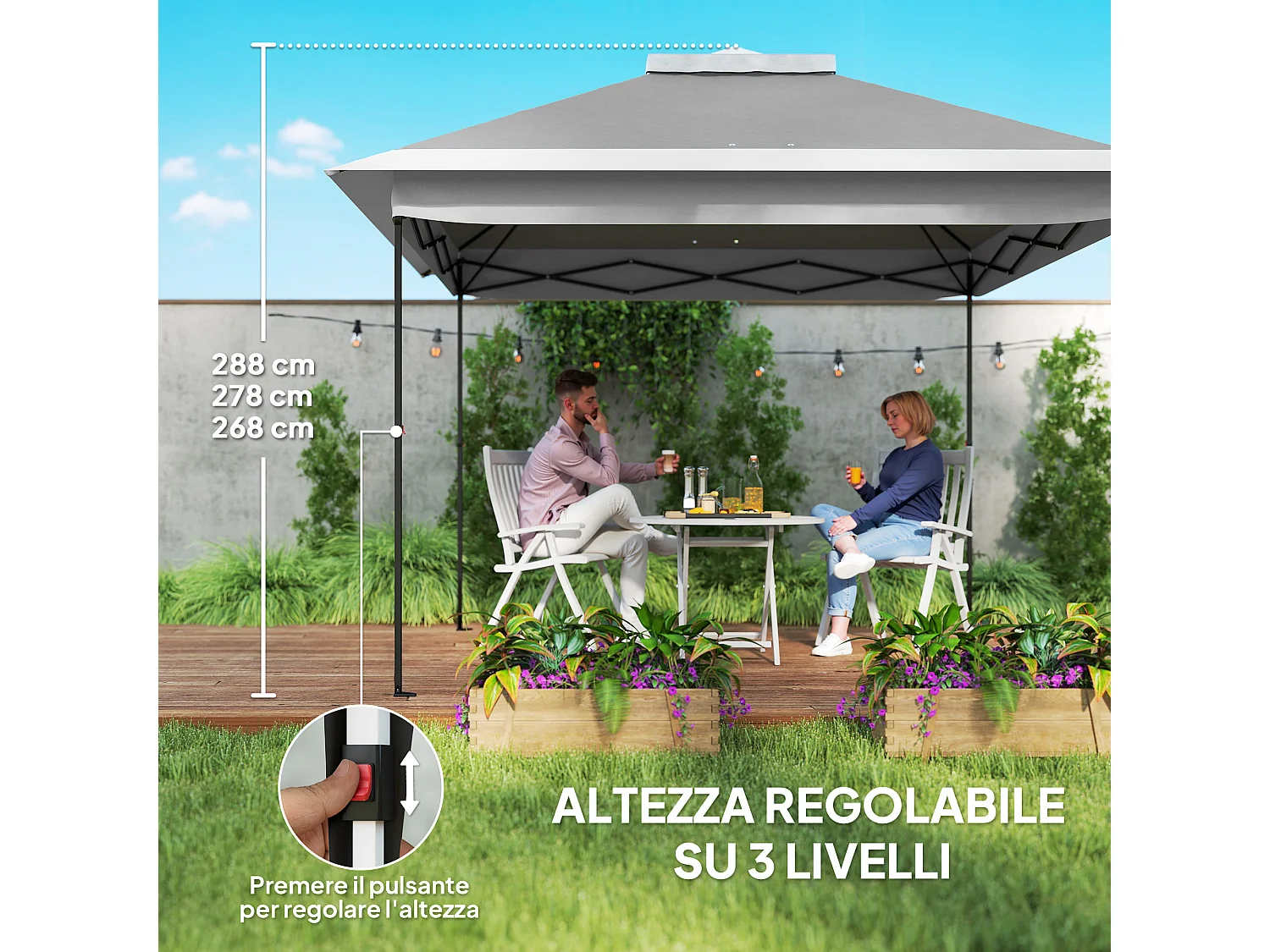 Gazebo da esterno regolabile in altezza con zanzariere grigio scuro