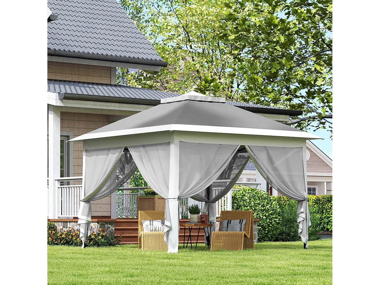 Gazebo da esterno regolabile in altezza con zanzariere grigio scuro