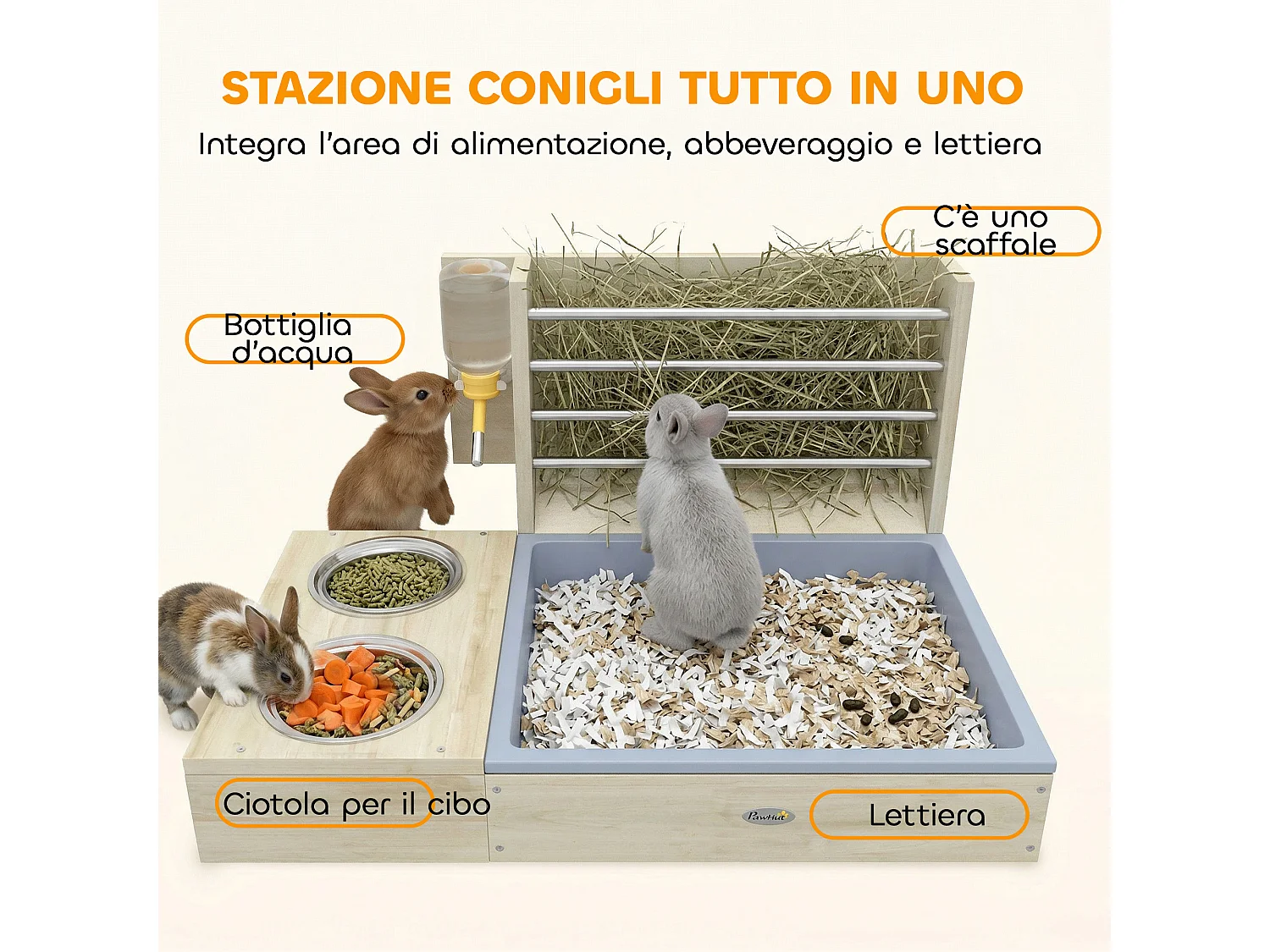 Mangiatoia fieno con lettiera ciotola acciaio e legno naturale