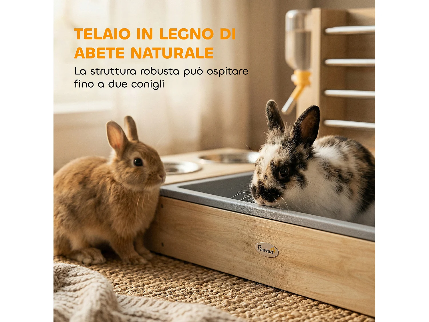 Mangiatoia fieno con lettiera ciotola acciaio e legno naturale