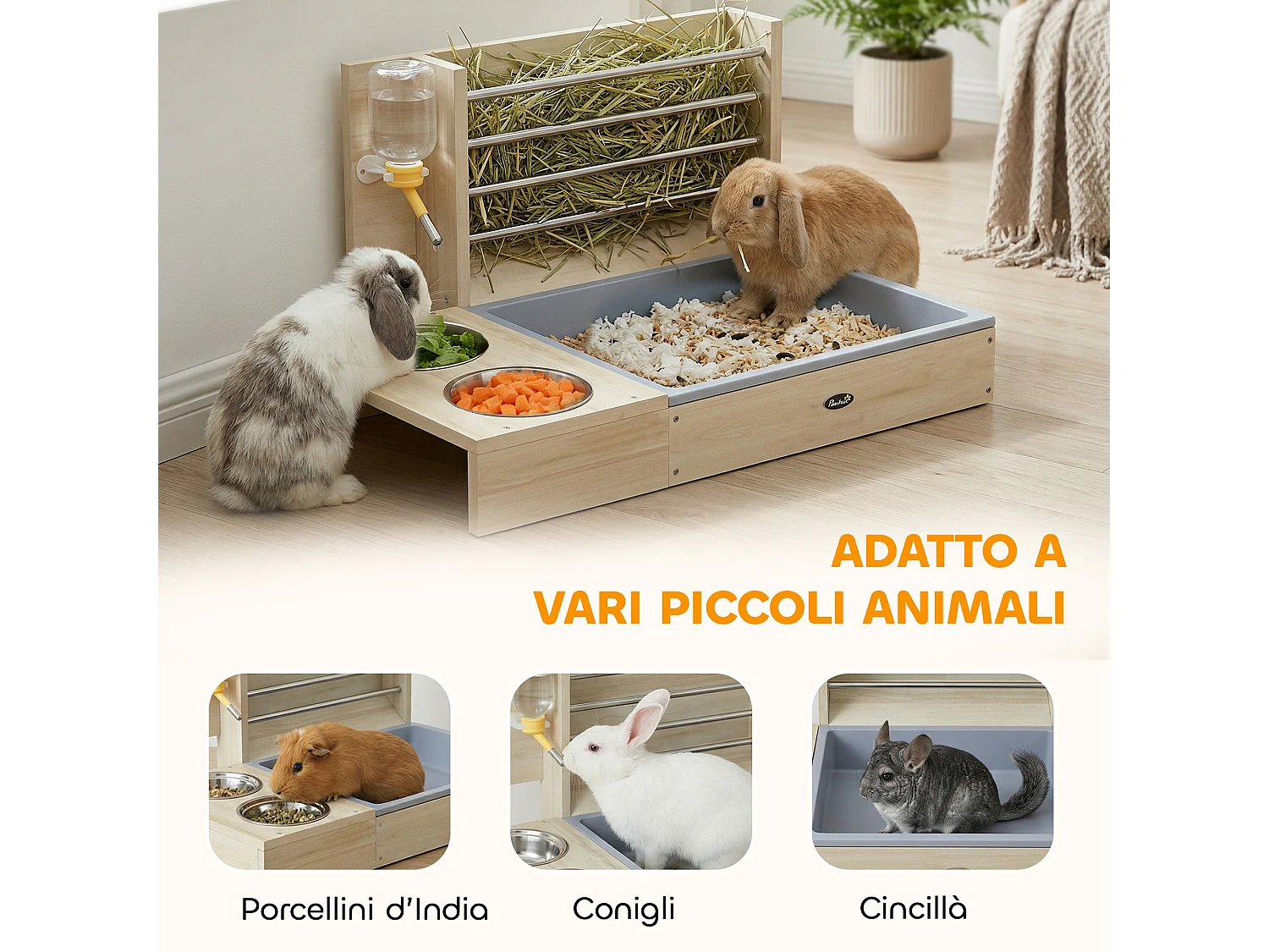 Mangiatoia fieno con lettiera ciotola acciaio e legno naturale